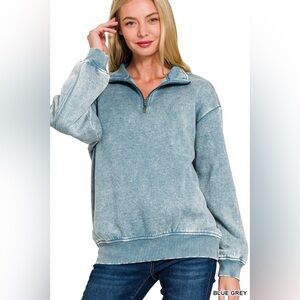 Z4. NEW Zenana Outfitters Pullover Fleece Half Zip Sweatshirt Blue Grey